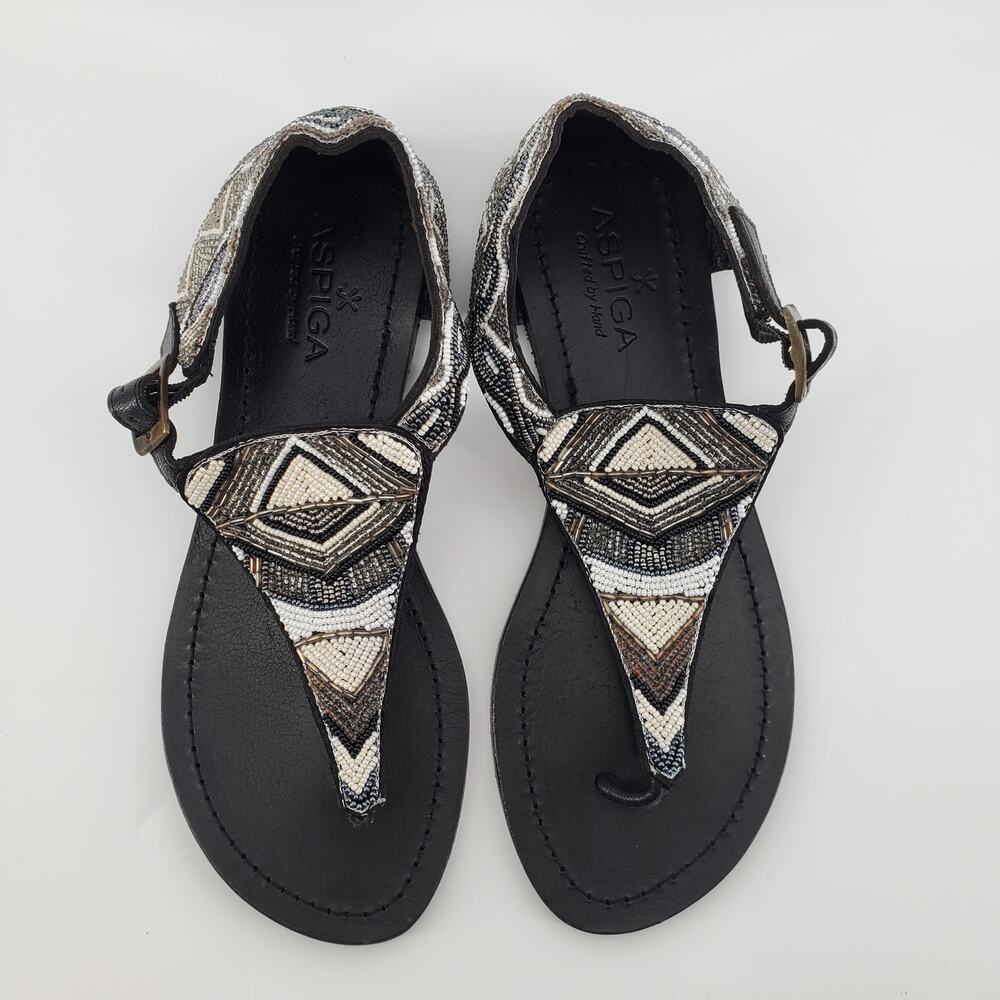 Aspiga Black Silver White T-Strap Hand-beaded Ankle Cuff Sandals Buckle Clasp 38 - Picture 4 of 11